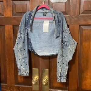 Thrill Light Blue Denim Rhinestone/Studs Distressed Shrug